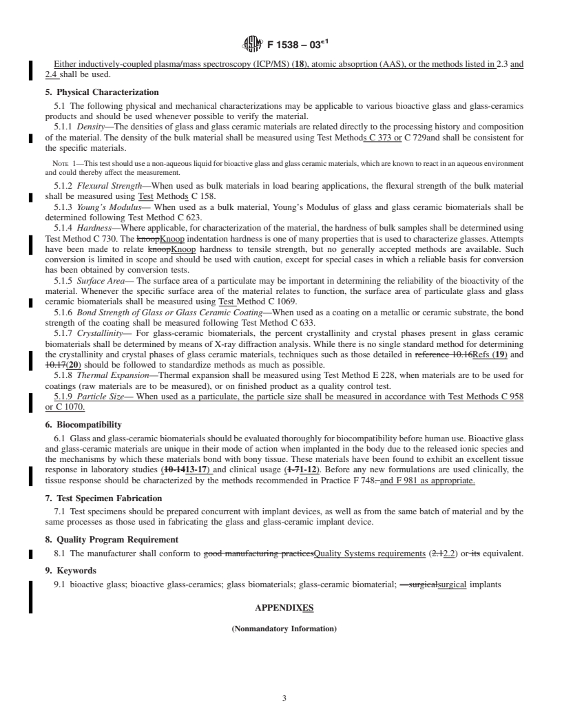 REDLINE ASTM F1538-03e1 - Standard Specification for  Glass and Glass Ceramic Biomaterials for Implantation