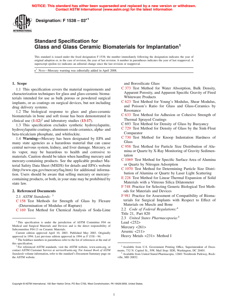 ASTM F1538-03e1 - Standard Specification for  Glass and Glass Ceramic Biomaterials for Implantation