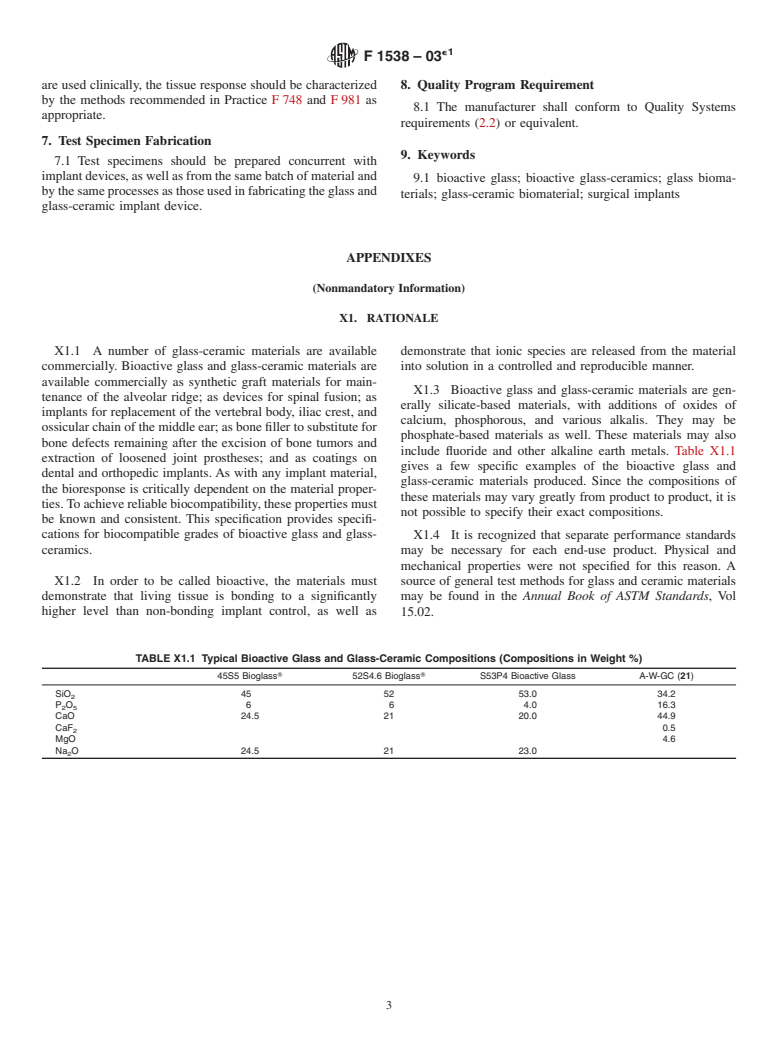 ASTM F1538-03e1 - Standard Specification for  Glass and Glass Ceramic Biomaterials for Implantation