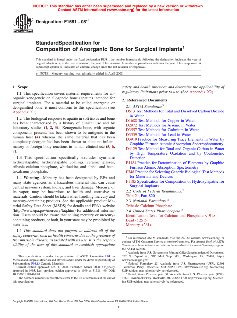 ASTM F1581-08e1 - Standard Specification for  Composition of Anorganic Bone for Surgical Implants