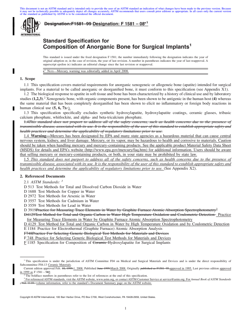 REDLINE ASTM F1581-08e1 - Standard Specification for  Composition of Anorganic Bone for Surgical Implants