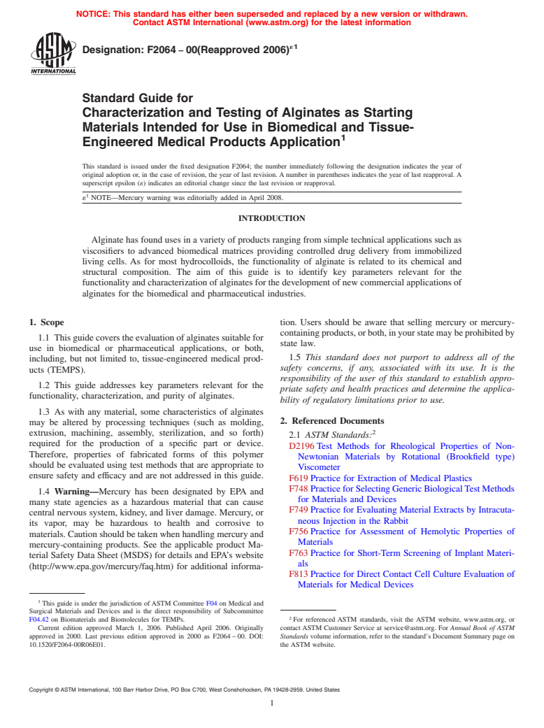 ASTM F2064-00(2006)e1 - Standard Guide for Characterization and Testing of Alginates as Starting Materials Intended for Use in Biomedical and Tissue-Engineered Medical Products Application