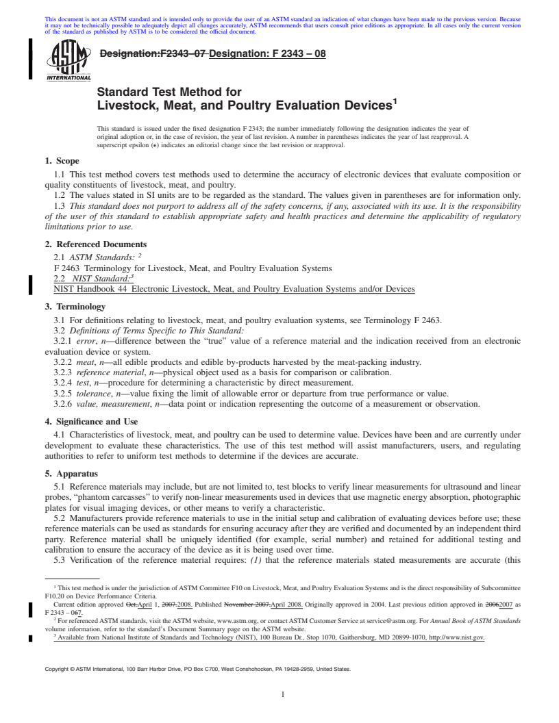 REDLINE ASTM F2343-08 - Standard Test Method for Livestock, Meat, and Poultry Evaluation Devices