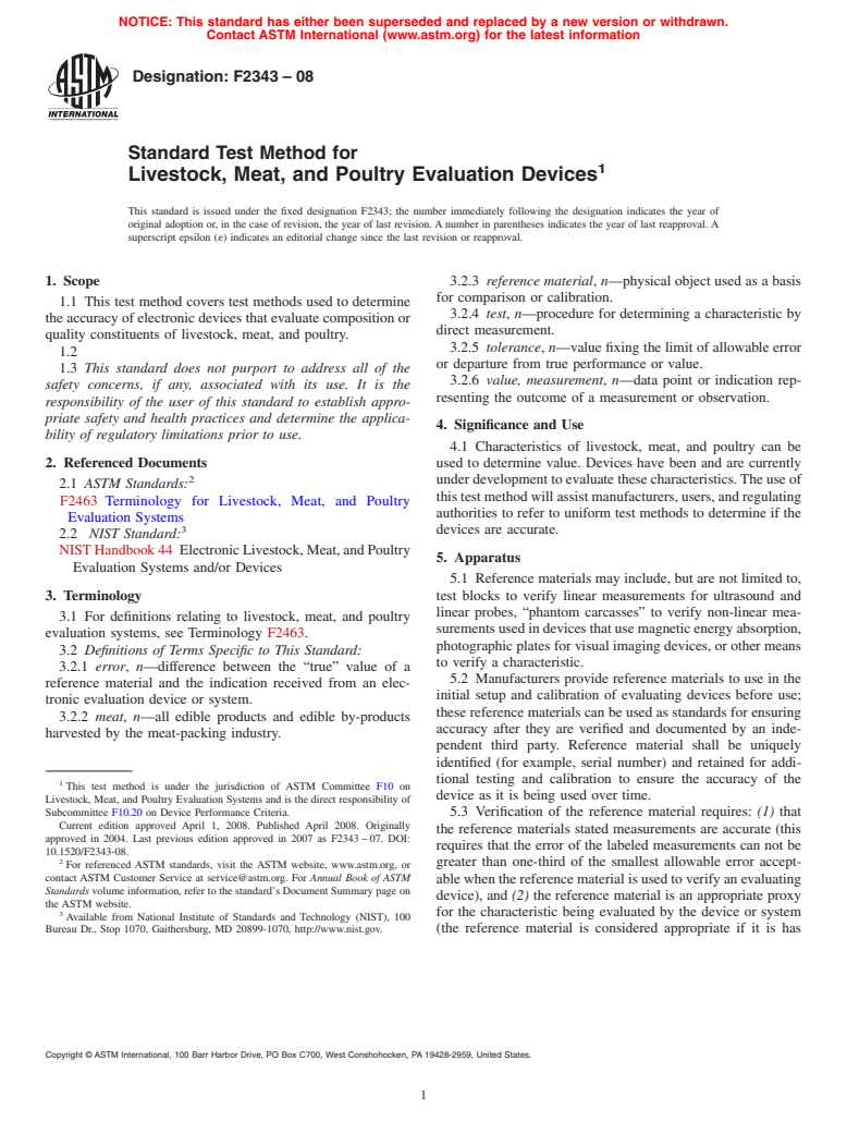 ASTM F2343-08 - Standard Test Method for Livestock, Meat, and Poultry Evaluation Devices