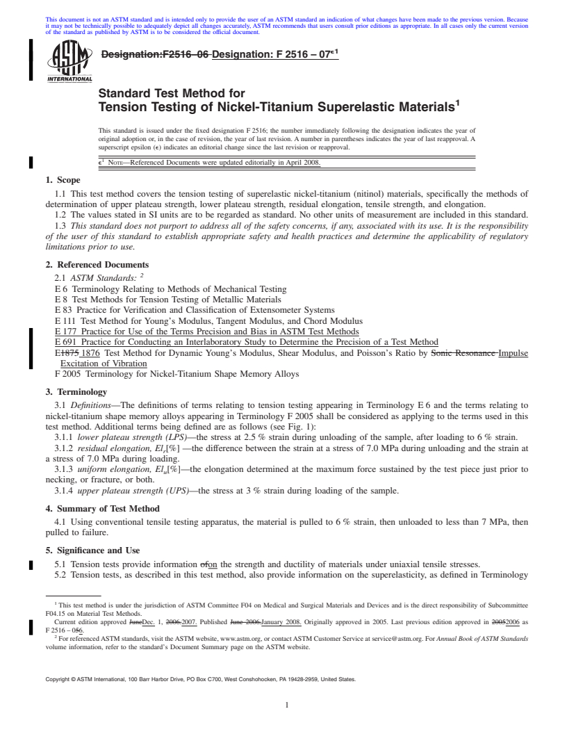 REDLINE ASTM F2516-07e1 - Standard Test Method for Tension Testing of Nickel-Titanium Superelastic Materials