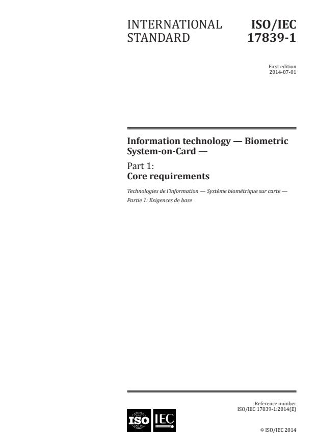 ISO/IEC 17839-1:2014 - Information technology -- Biometric System-on-Card