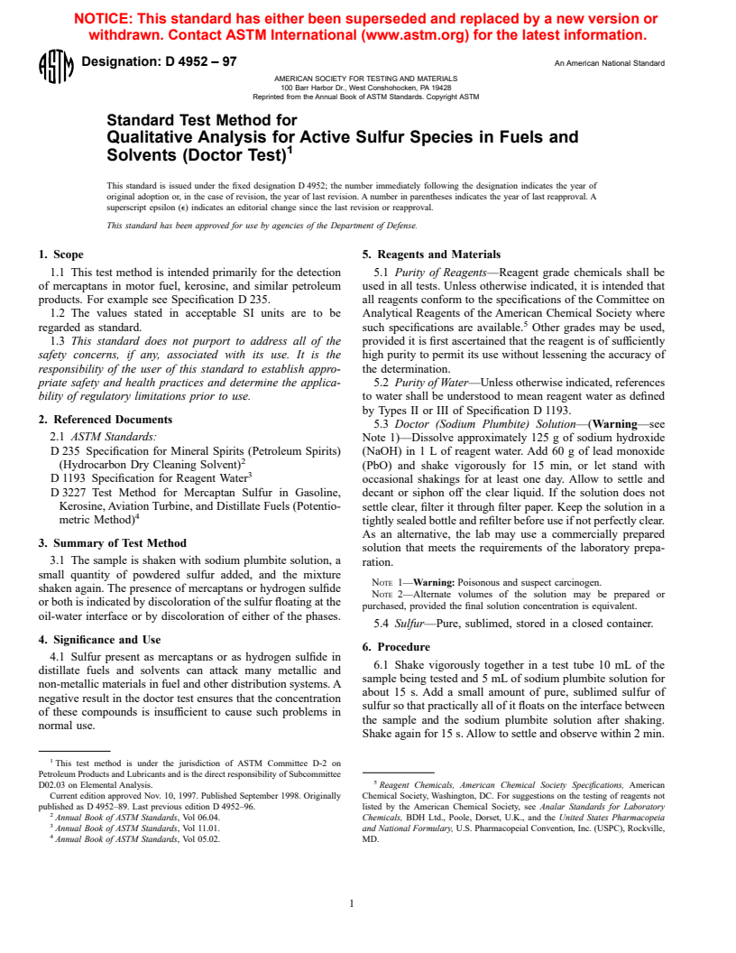 ASTM D4952-97 - Standard Test Method for Qualitative Analysis for Active Sulfur Species in Fuels and Solvents (Doctor Test)