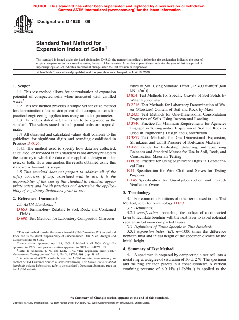 ASTM D4829-08 - Standard Test Method for Expansion Index of Soils