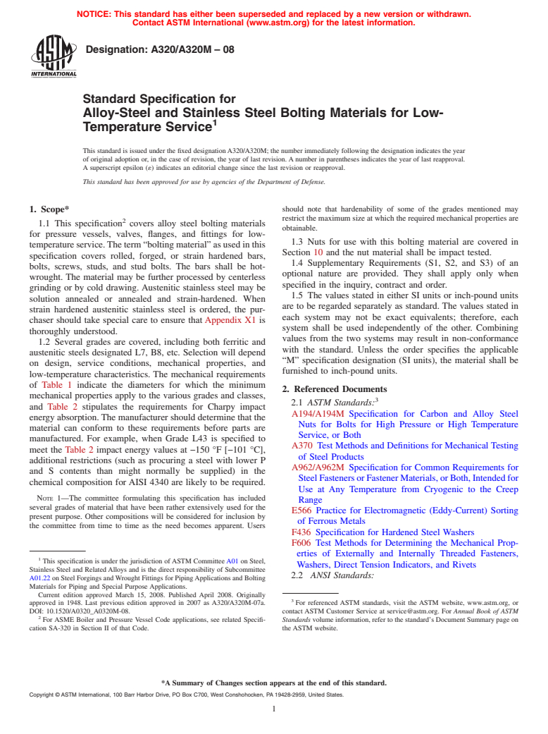 ASTM A320/A320M-08 - Standard Specification for  Alloy-Steel and Stainless Steel Bolting Materials for Low-Temperature Service