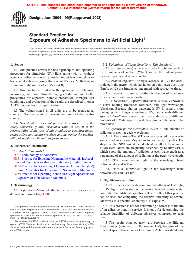 ASTM D904-99(2008) - Standard Practice for  Exposure of Adhesive Specimens to Artificial Light