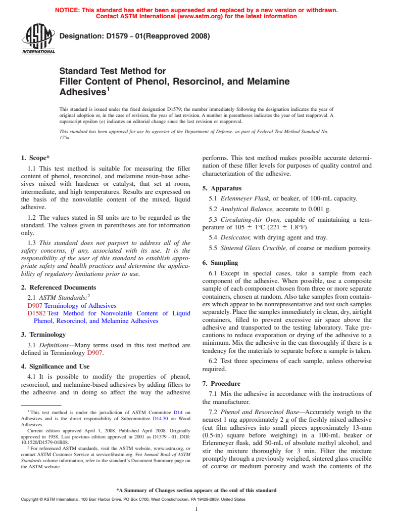 ASTM D1579-01(2008) - Standard Test Method for  Filler Content of Phenol, Resorcinol, and Melamine Adhesives