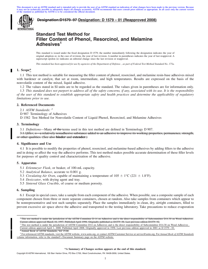 REDLINE ASTM D1579-01(2008) - Standard Test Method for  Filler Content of Phenol, Resorcinol, and Melamine Adhesives