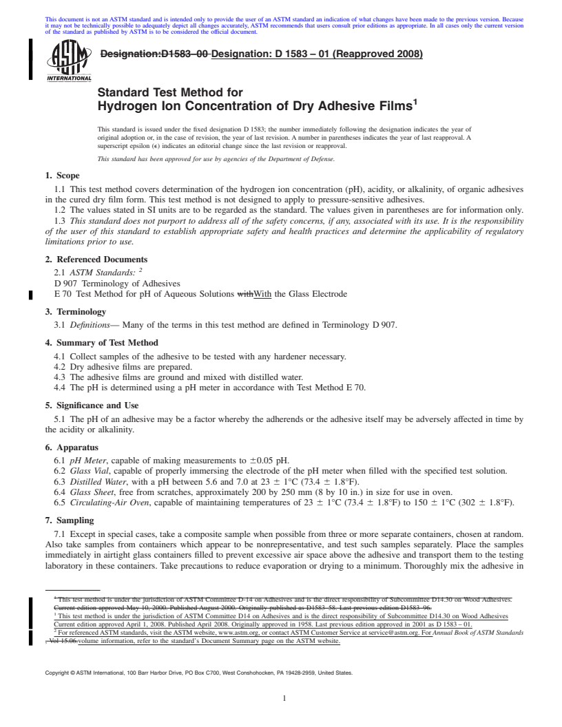 REDLINE ASTM D1583-01(2008) - Standard Test Method for  Hydrogen Ion Concentration of Dry Adhesive Films