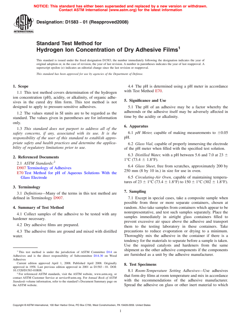 ASTM D1583-01(2008) - Standard Test Method for  Hydrogen Ion Concentration of Dry Adhesive Films