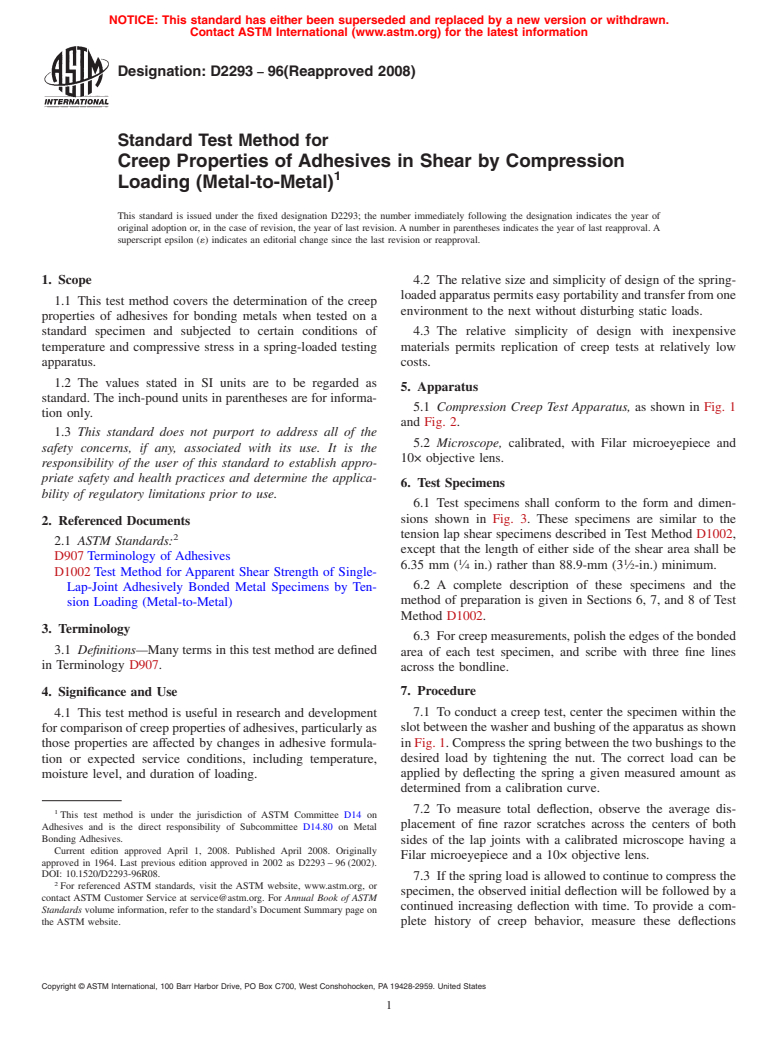 ASTM D2293-96(2008) - Standard Test Method for  Creep Properties of Adhesives in Shear by Compression Loading (Metal-to-Metal)