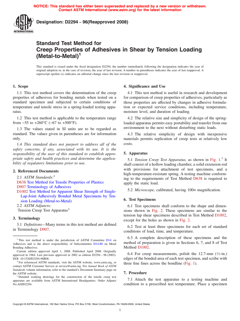 ASTM D2294-96(2008) - Standard Test Method for  Creep Properties of Adhesives in Shear by Tension Loading (Metal-to-Metal)