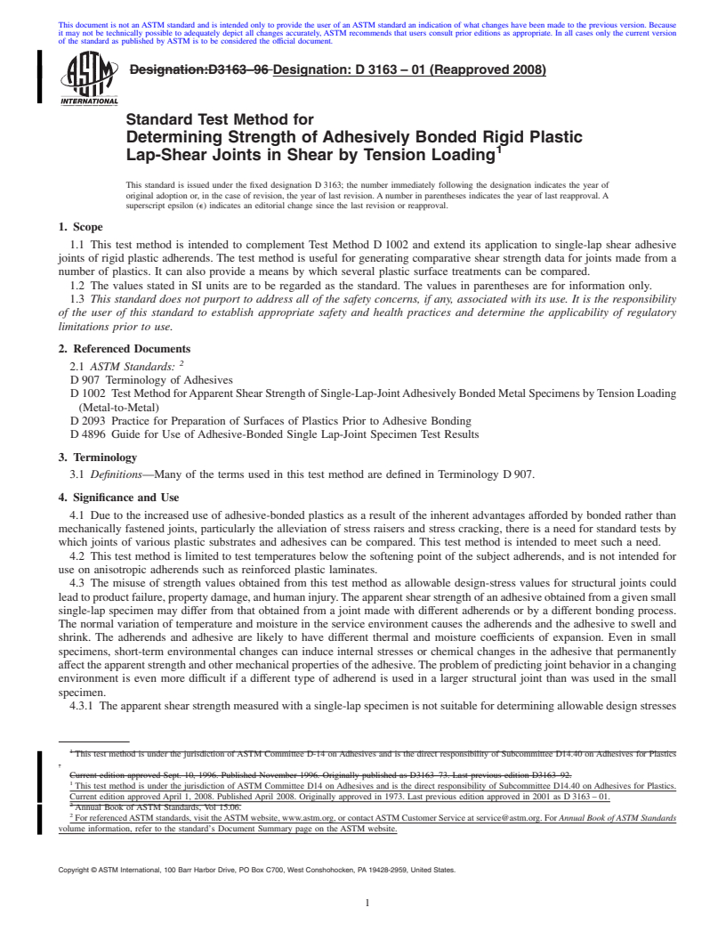 REDLINE ASTM D3163-01(2008) - Standard Test Method for  Determining Strength of Adhesively Bonded Rigid Plastic Lap-Shear Joints   in Shear by Tension Loading