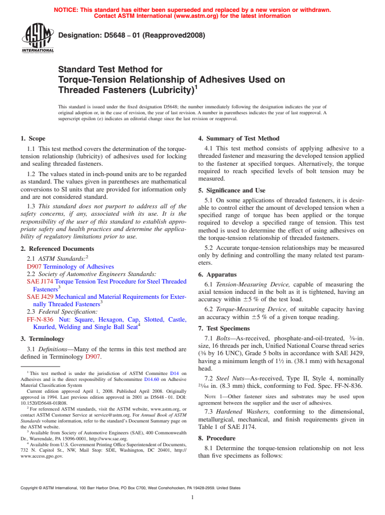 ASTM D5648-01(2008) - Standard Test Method for  Torque-Tension Relationship of Adhesives Used on Threaded Fasteners   (Lubricity)