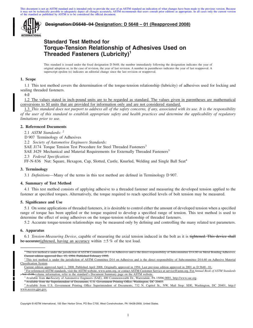 REDLINE ASTM D5648-01(2008) - Standard Test Method for  Torque-Tension Relationship of Adhesives Used on Threaded Fasteners   (Lubricity)