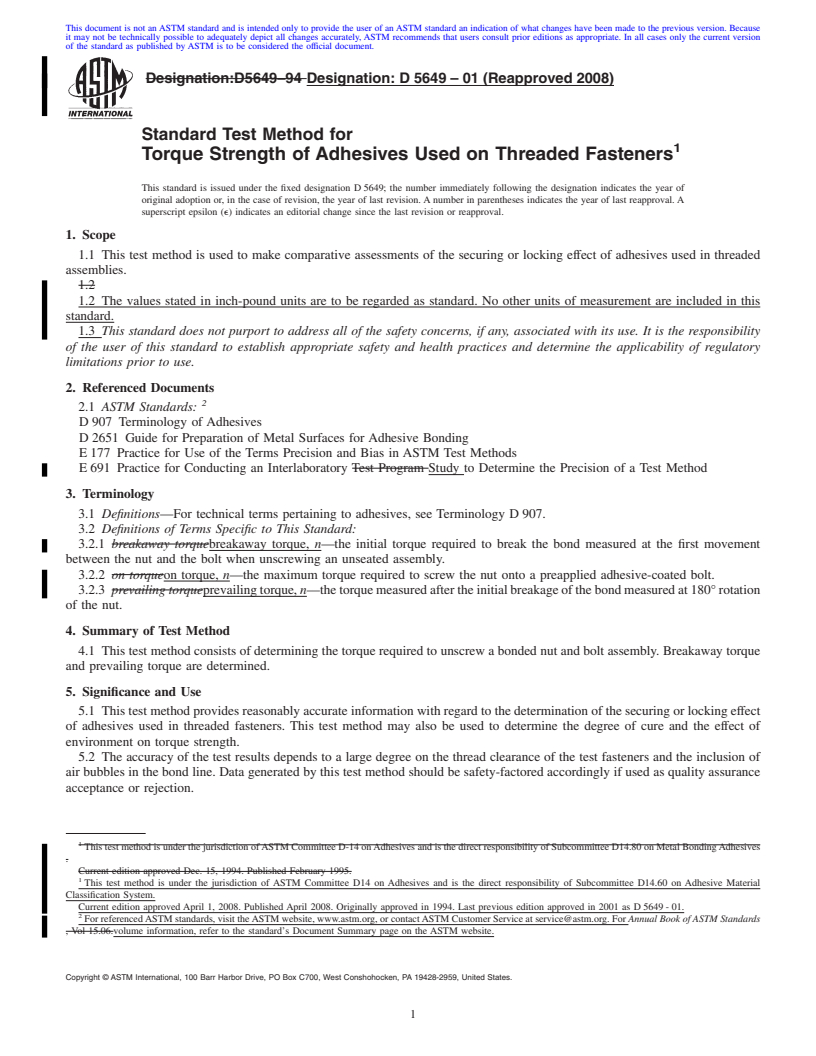 REDLINE ASTM D5649-01(2008) - Standard Test Method for  Torque Strength of Adhesives Used on Threaded Fasteners