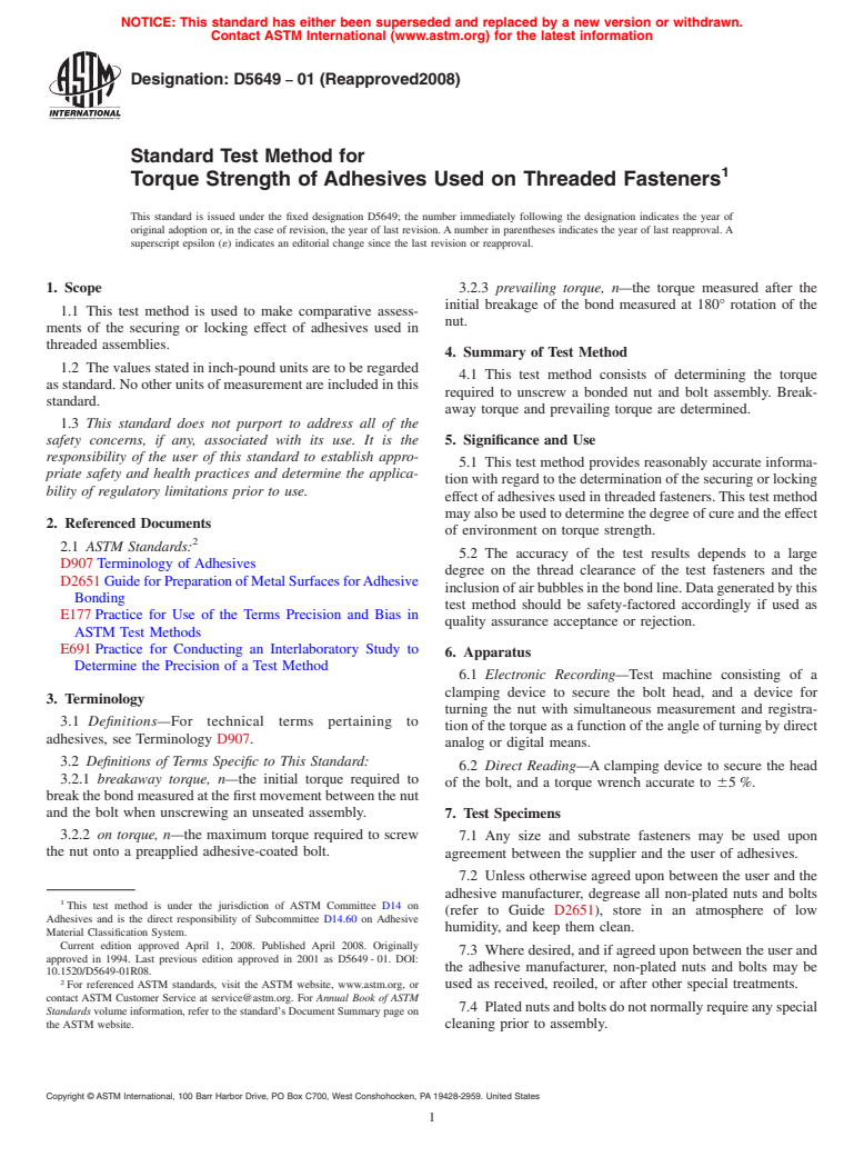 ASTM D5649-01(2008) - Standard Test Method for  Torque Strength of Adhesives Used on Threaded Fasteners