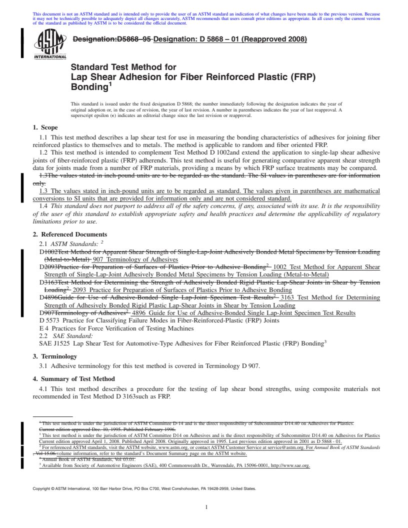 REDLINE ASTM D5868-01(2008) - Standard Test Method for  Lap Shear Adhesion for Fiber Reinforced Plastic (FRP) Bonding