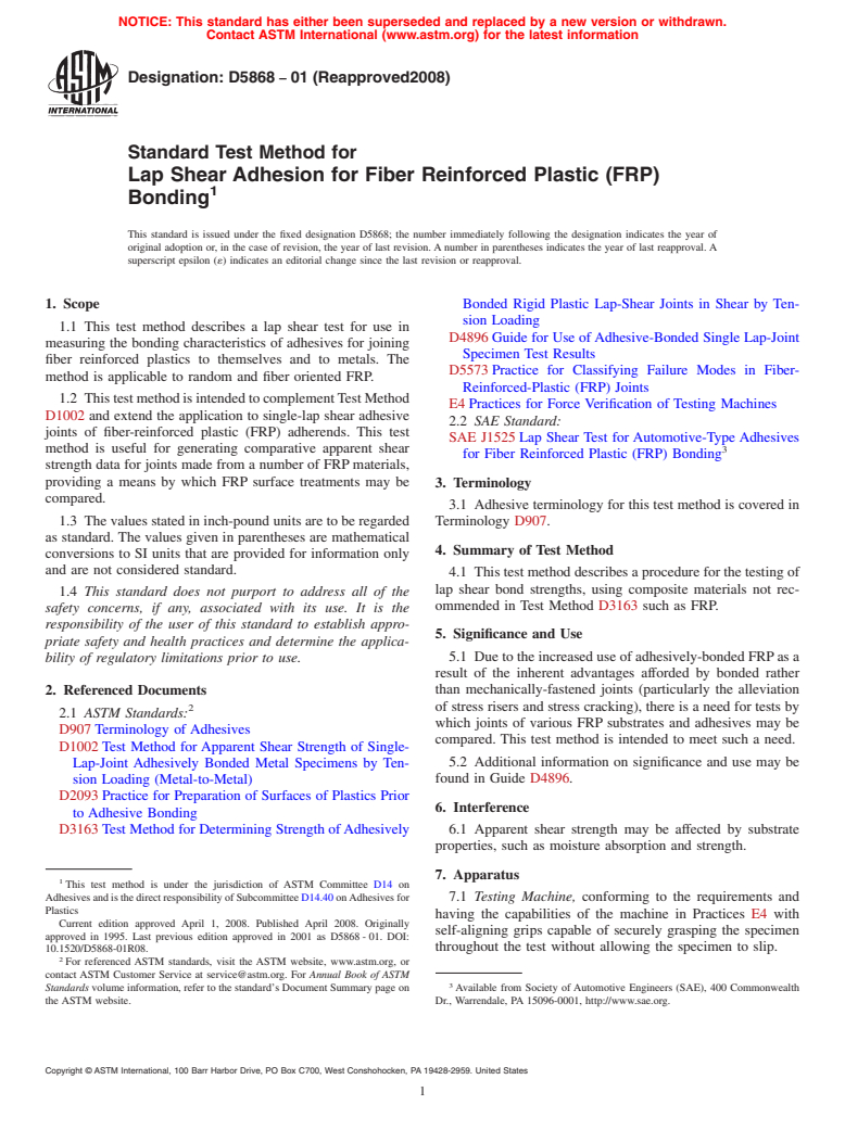 ASTM D5868-01(2008) - Standard Test Method for  Lap Shear Adhesion for Fiber Reinforced Plastic (FRP) Bonding