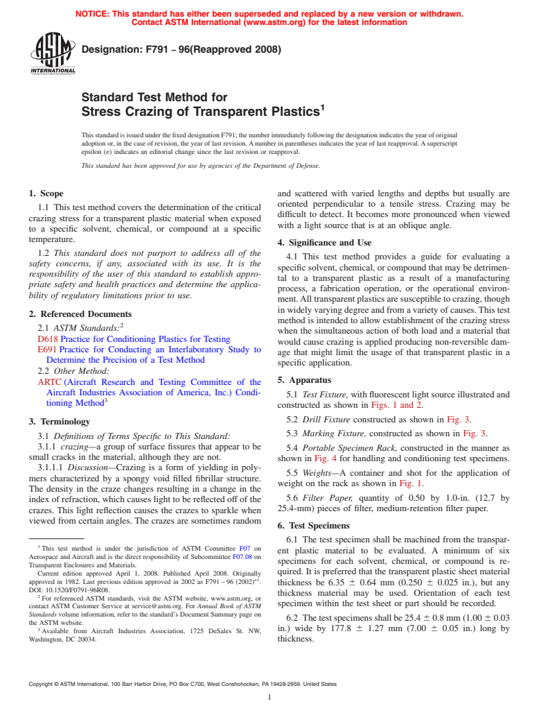 ASTM F791-96(2008) - Standard Test Method for  Stress Crazing of Transparent Plastics