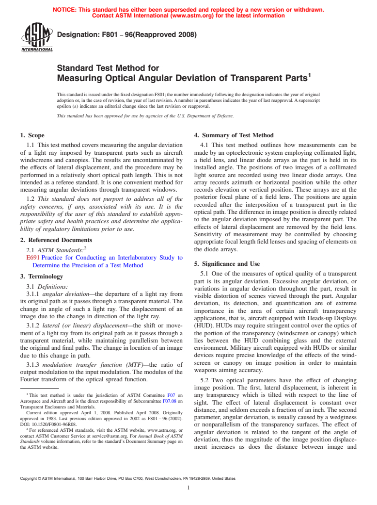 ASTM F801-96(2008) - Standard Test Method for  Measuring Optical Angular Deviation of Transparent Parts