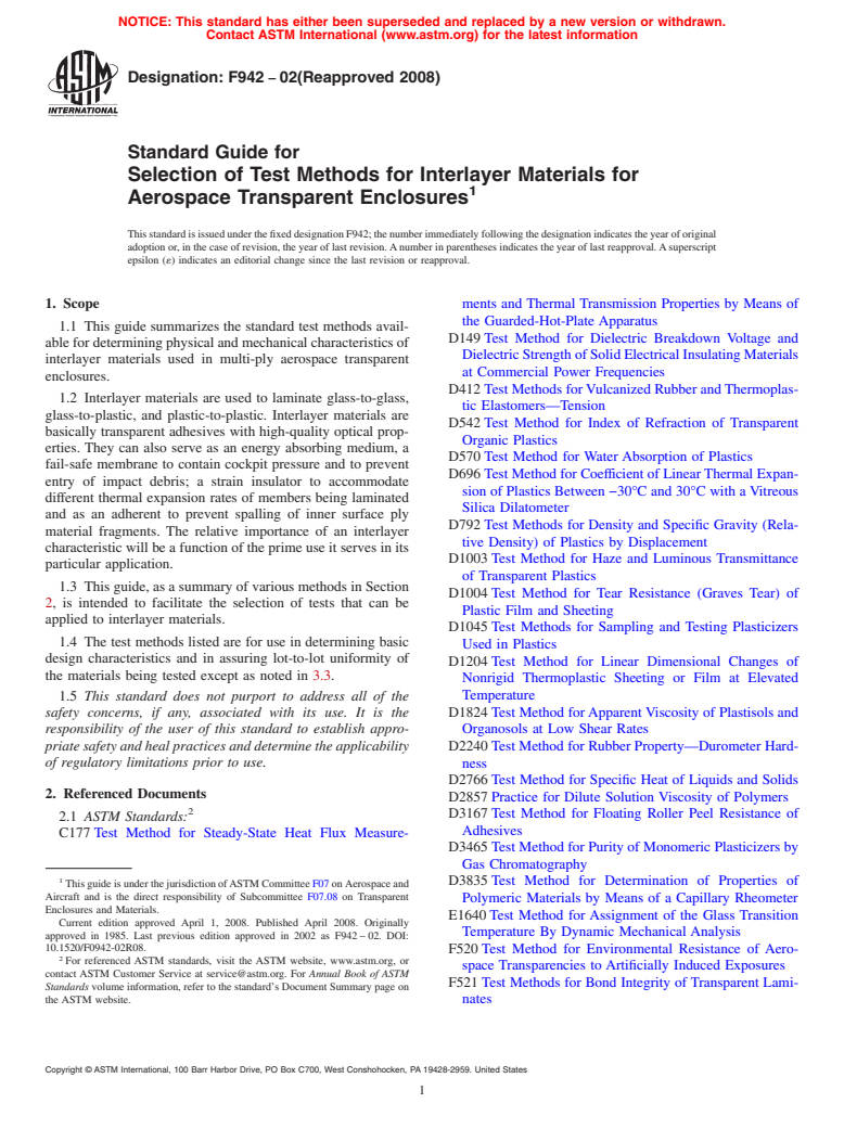 ASTM F942-02(2008) - Standard Guide for Selection of Test Methods for Interlayer Materials for Aerospace Transparent Enclosures