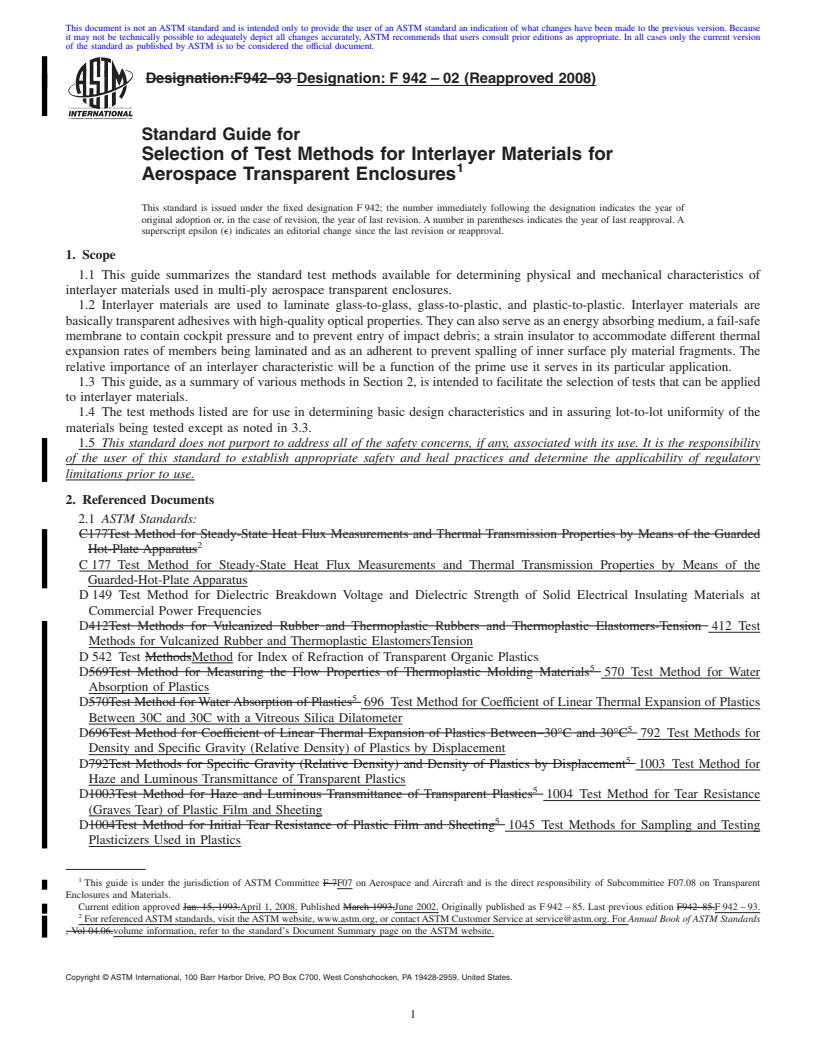 REDLINE ASTM F942-02(2008) - Standard Guide for Selection of Test Methods for Interlayer Materials for Aerospace Transparent Enclosures