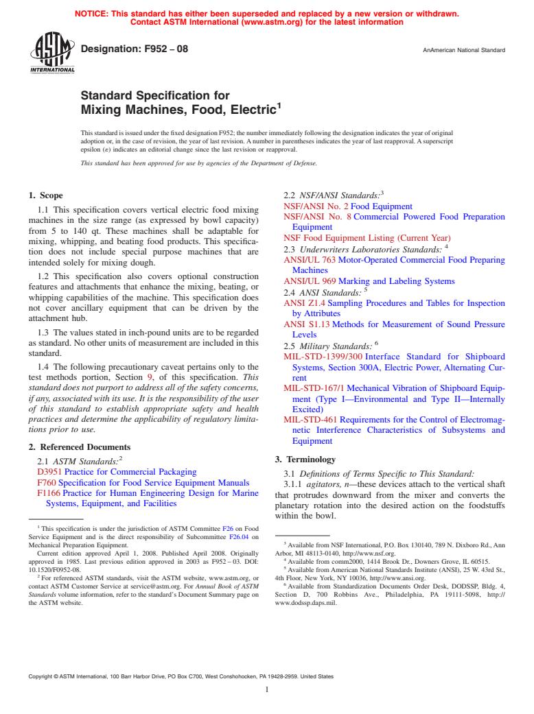 ASTM F952-08 - Standard Specification for  Mixing Machines, Food, Electric