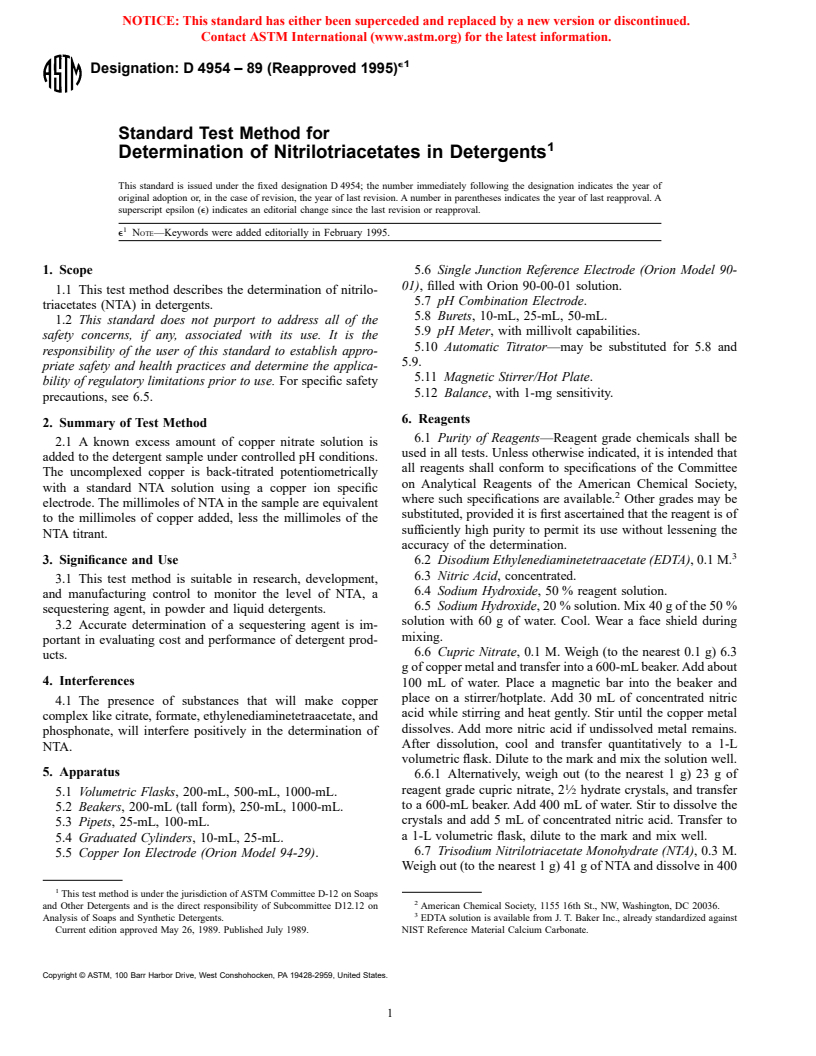 ASTM D4954-89(1995)e1 - Standard Test Method for Determination of Nitrilotriacetates in Detergents