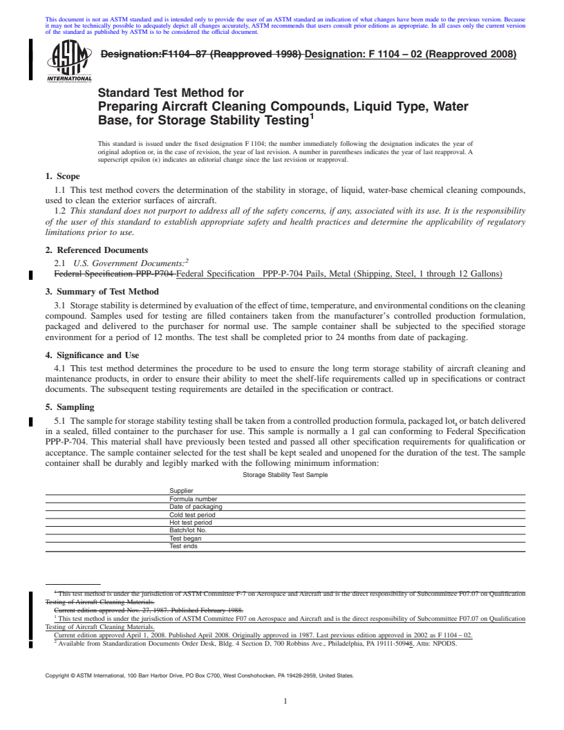 REDLINE ASTM F1104-02(2008) - Standard Test Method for Preparing Aircraft Cleaning Compounds, Liquid Type, Water Base, for Storage Stability Testing