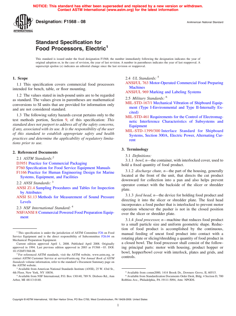 ASTM F1568-08 - Standard Specification for Food Processors, Electric