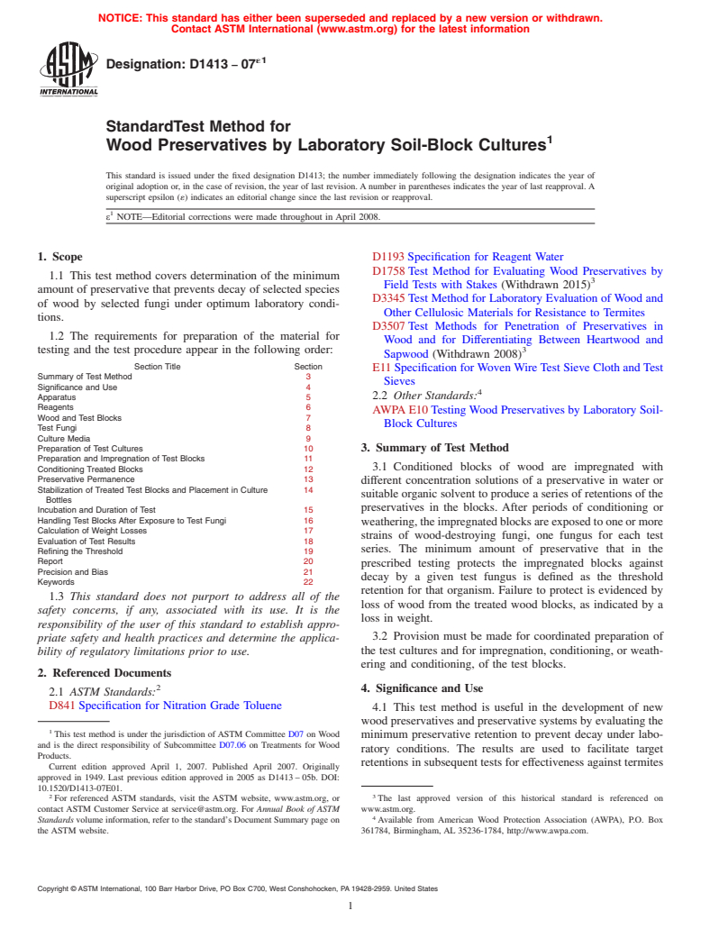 ASTM D1413-07e1 - Standard Test Method for Wood Preservatives by Laboratory Soil-Block Cultures (Withdrawn 2016)