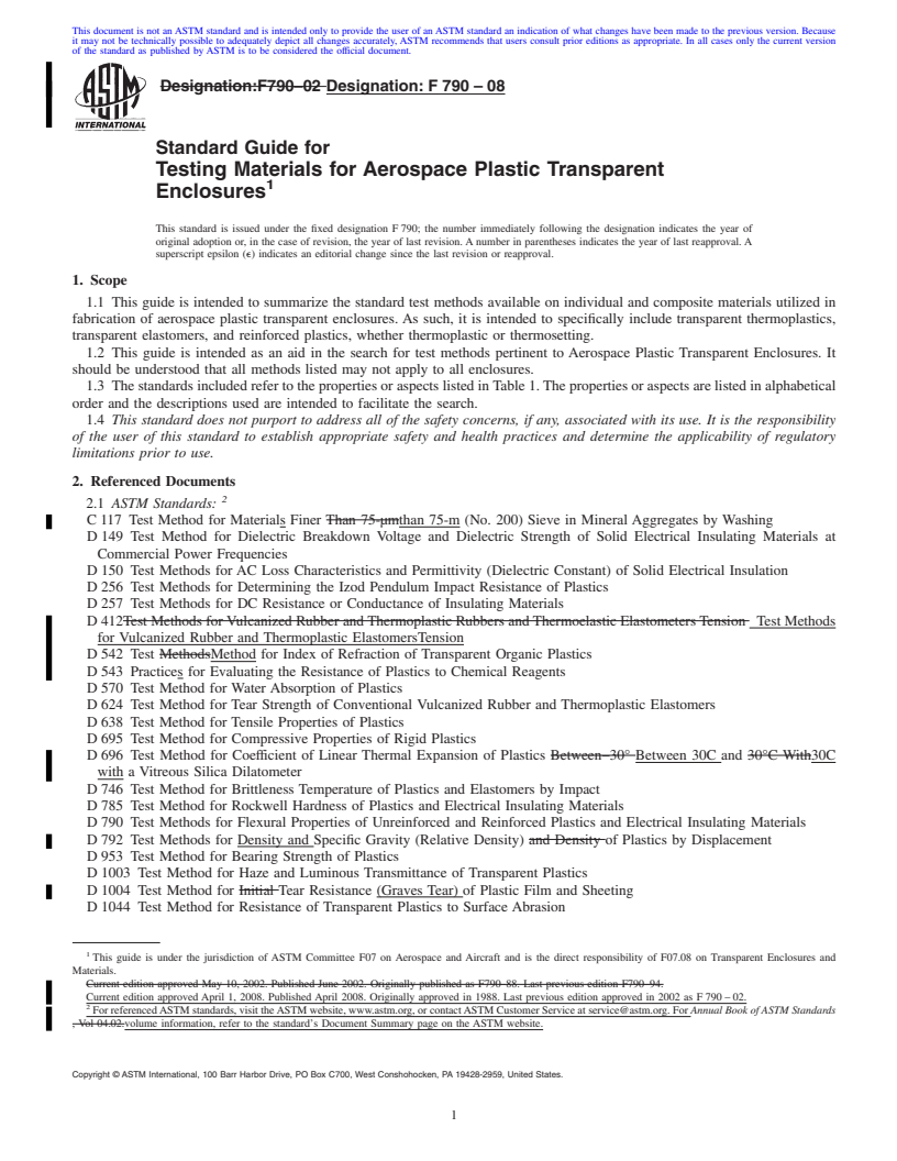 REDLINE ASTM F790-08 - Standard Guide for  Testing Materials for Aerospace Plastic Transparent Enclosures