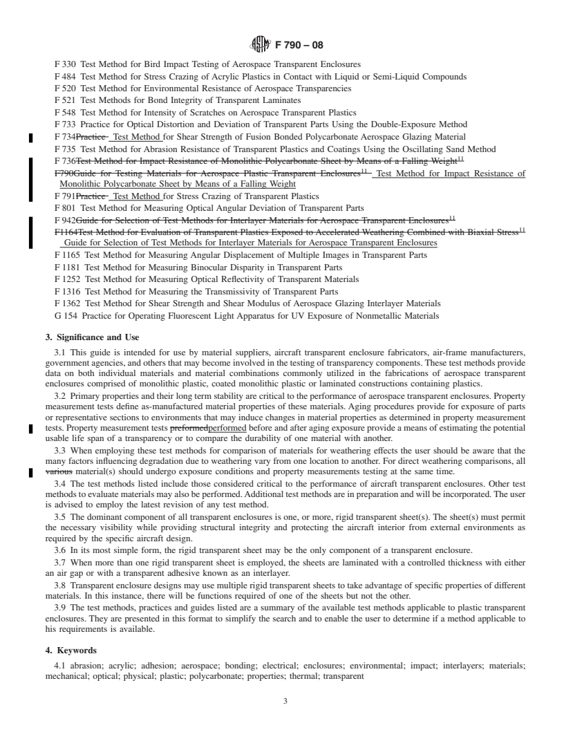 REDLINE ASTM F790-08 - Standard Guide for  Testing Materials for Aerospace Plastic Transparent Enclosures