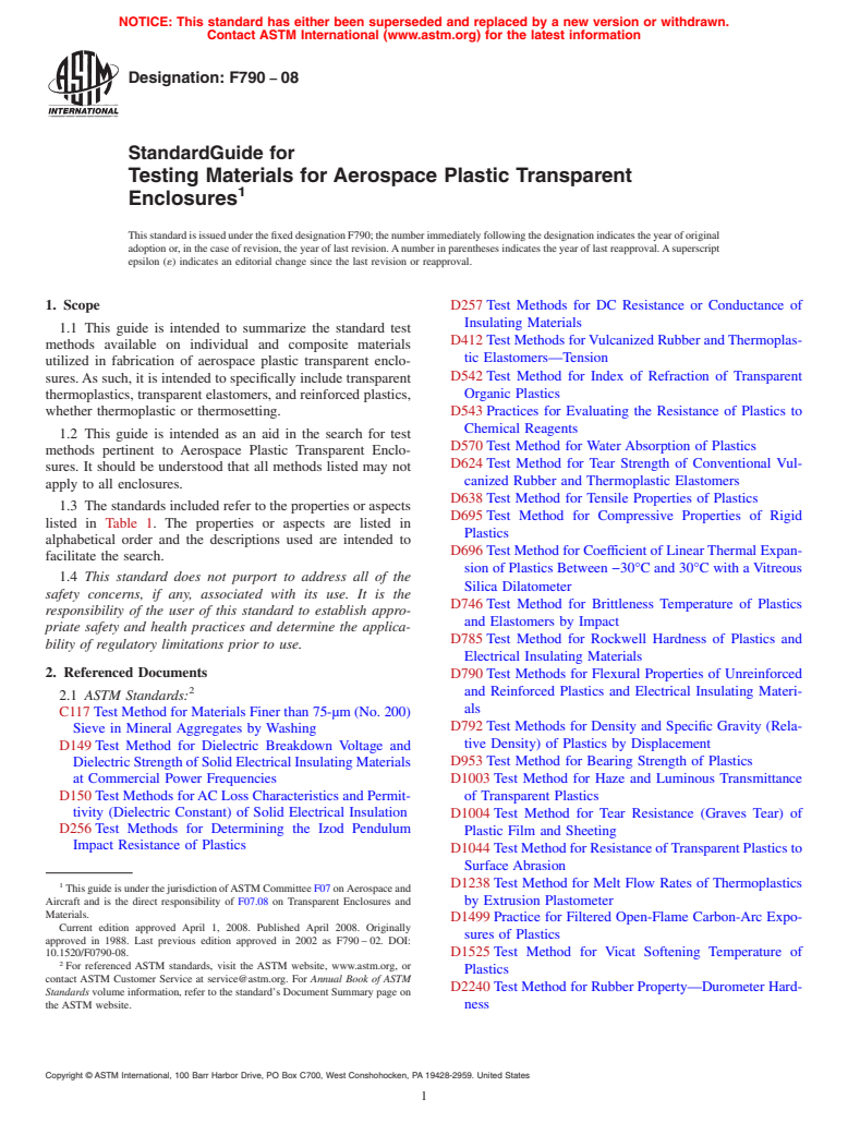 ASTM F790-08 - Standard Guide for  Testing Materials for Aerospace Plastic Transparent Enclosures