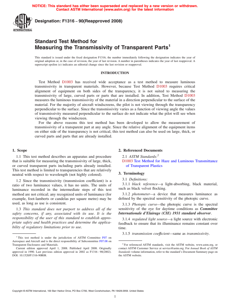 ASTM F1316-90(2008) - Standard Test Method for Measuring the Transmissivity of Transparent Parts