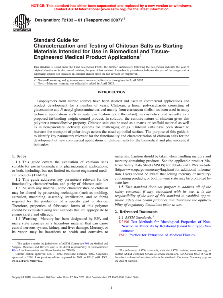 ASTM F2103-01(2007)e2 - Standard Guide for Characterization and Testing of Chitosan Salts as Starting Materials Intended for Use in Biomedical and Tissue-Engineered Medical Product Applications