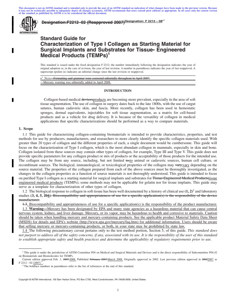 REDLINE ASTM F2212-08e1 - Standard Guide for Characterization of Type I Collagen as Starting Material for Surgical Implants and Substrates for Tissue Engineered Medical Products (TEMPs)