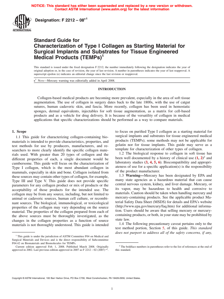 ASTM F2212-08e1 - Standard Guide for Characterization of Type I Collagen as Starting Material for Surgical Implants and Substrates for Tissue Engineered Medical Products (TEMPs)