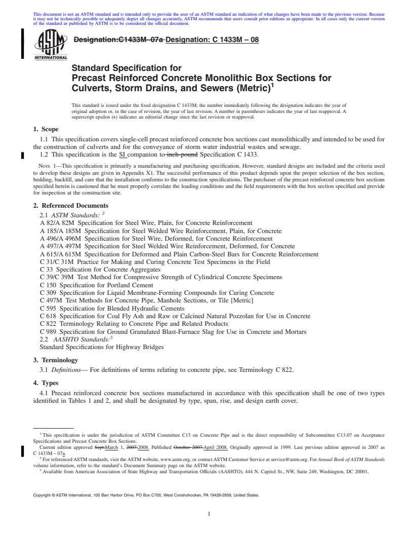 REDLINE ASTM C1433M-08 - Standard Specification for Precast Reinforced Concrete Monolithic Box Sections for Culverts, Storm Drains, and Sewers (Metric)