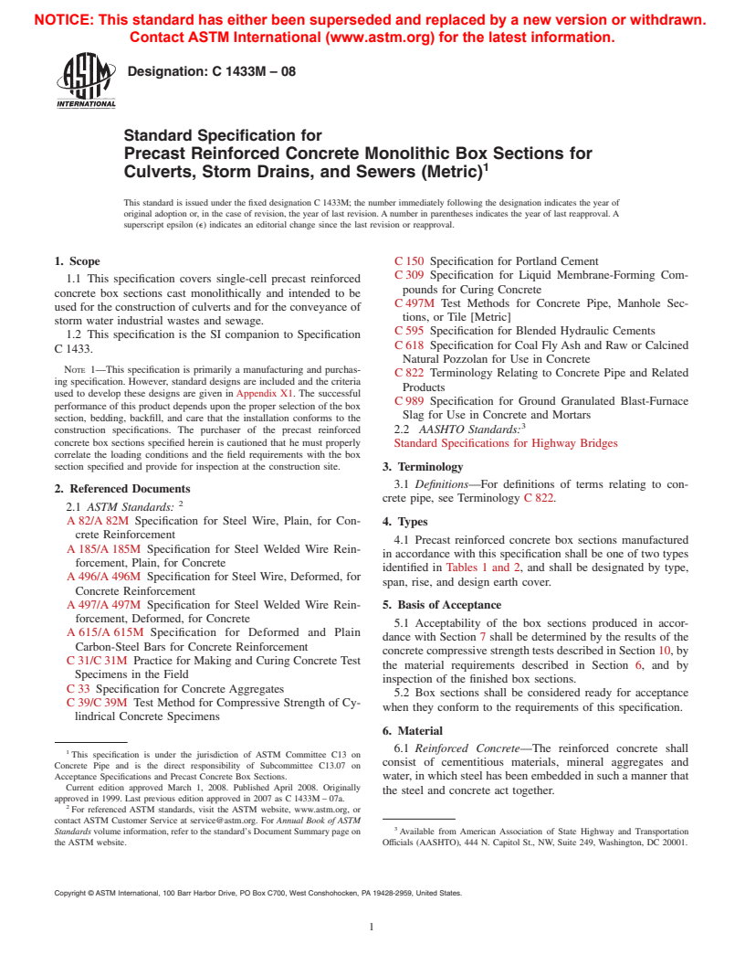 ASTM C1433M-08 - Standard Specification for Precast Reinforced Concrete Monolithic Box Sections for Culverts, Storm Drains, and Sewers (Metric)