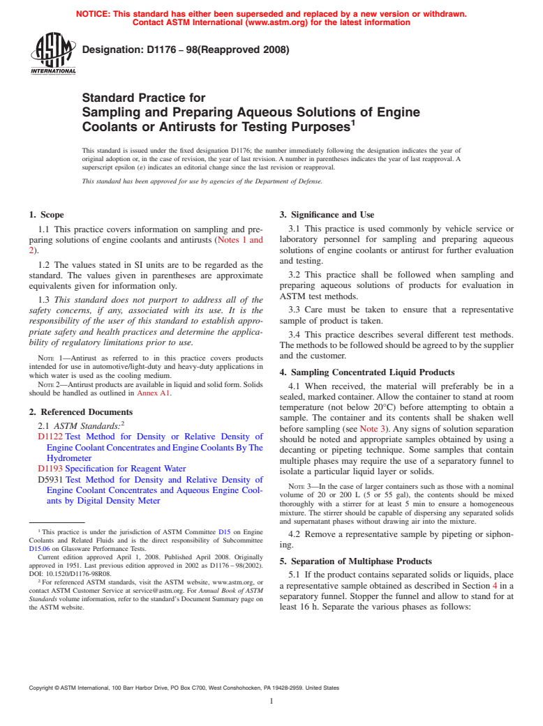 ASTM D1176-98(2008) - Standard Practice for  Sampling and Preparing Aqueous Solutions of Engine Coolants or Antirusts for Testing Purposes