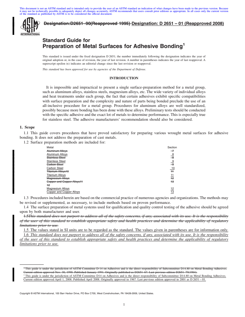 REDLINE ASTM D2651-01(2008) - Standard Guide for Preparation of Metal Surfaces for Adhesive Bonding