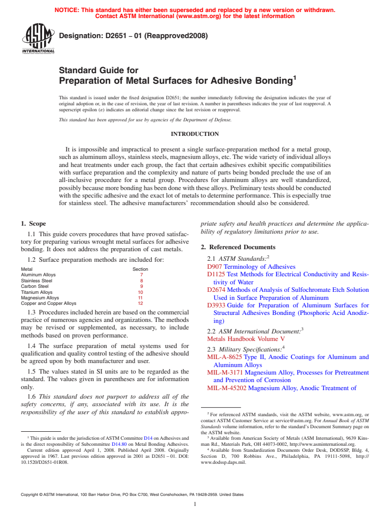 ASTM D2651-01(2008) - Standard Guide for Preparation of Metal Surfaces for Adhesive Bonding