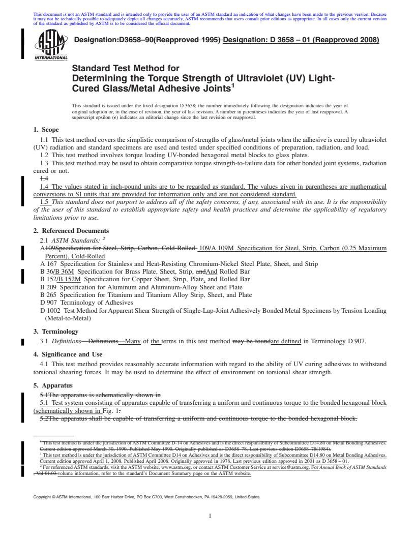 REDLINE ASTM D3658-01(2008) - Standard Test Method for  Determining the Torque Strength of Ultraviolet (UV) Light-Cured Glass/Metal    Adhesive Joints