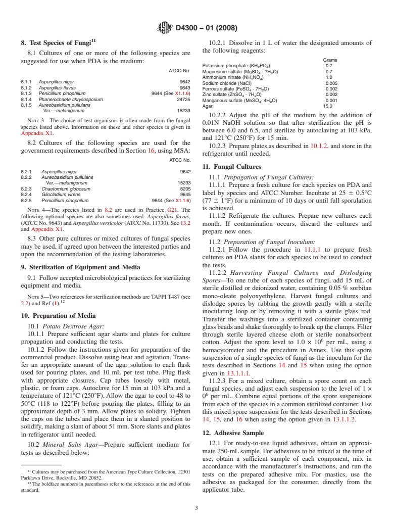 ASTM D4300-01(2008) - Standard Test Methods for Ability of Adhesive Films to Support or Resist the Growth of Fungi